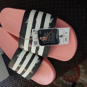 Adidas Pink and Black Striped Slides